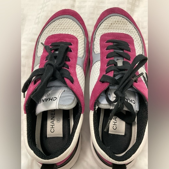 Chanel Mesh Suede Calfskin Womens CC Sneakers 38 White Dark Pink Grey - Picture 6 of 12